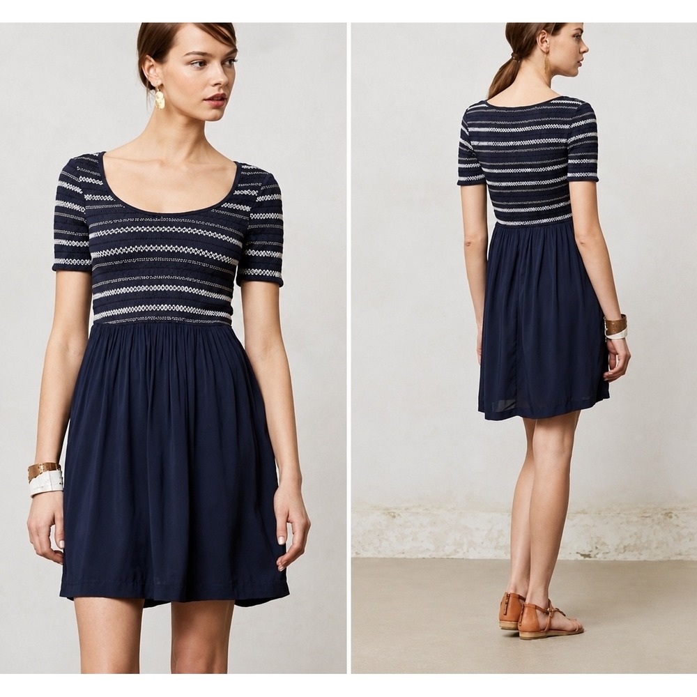 Anthropologie Saturday Sunday Dress with Smocked Bodice Coastal Chic Parisian
